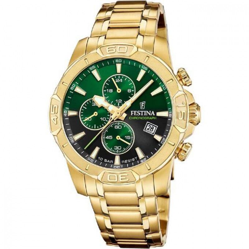 Festina – Montre dorée avec fond vert pour hommes – Étanche 100 m – Diamètre boîtier 45 mm – F20705/6