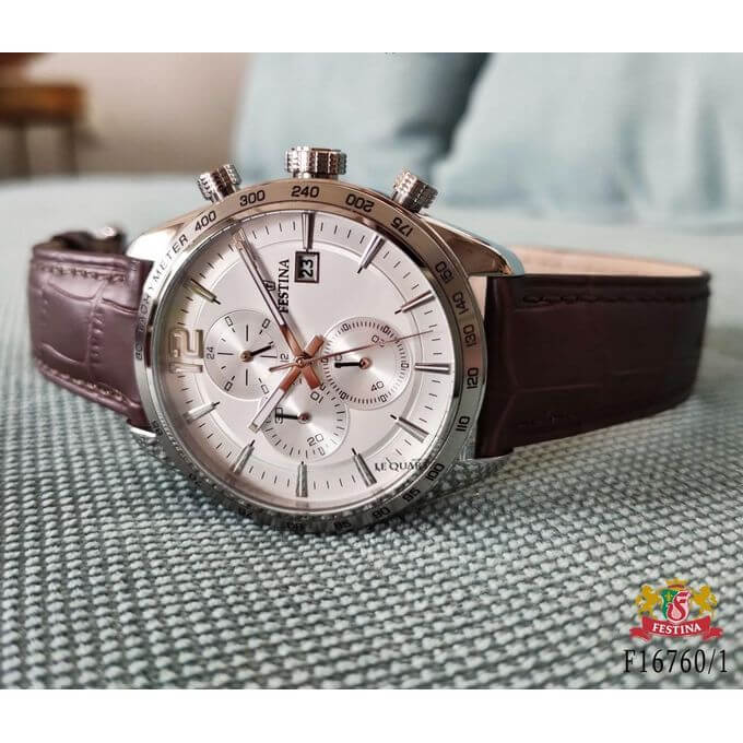 Festina – Chronographe en bracelet cuir marron pour hommes – Avec dateur – Étanche 50 m – F16760/1