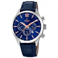 Festina – Montre chronographe bleu en bracelet cuir bleu – Index bronze – Étanche 50 m – F20542/4