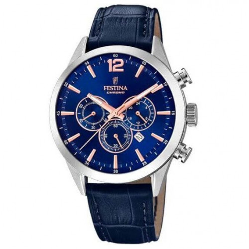 Festina – Montre chronographe bleu en bracelet cuir bleu – Index bronze – Étanche 50 m – F20542/4 Festina – Montre chronographe bleu en bracelet cuir bleu – Index bronze – Étanche 50 m – F20542/4