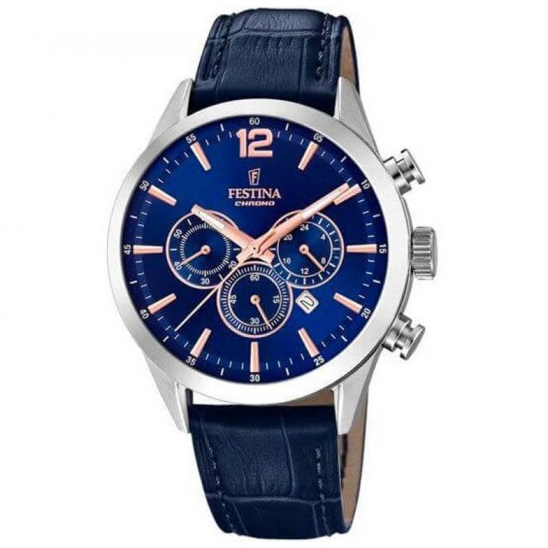 Festina – Montre chronographe bleu en bracelet cuir bleu – Index bronze – Étanche 50 m – F20542/4
