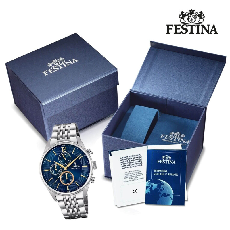 Festina – Montre chronographe bleu en bracelet cuir bleu – Index bronze – Étanche 50 m – F20542/4