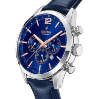 Festina – Montre chronographe bleu en bracelet cuir bleu – Index bronze – Étanche 50 m – F20542/4