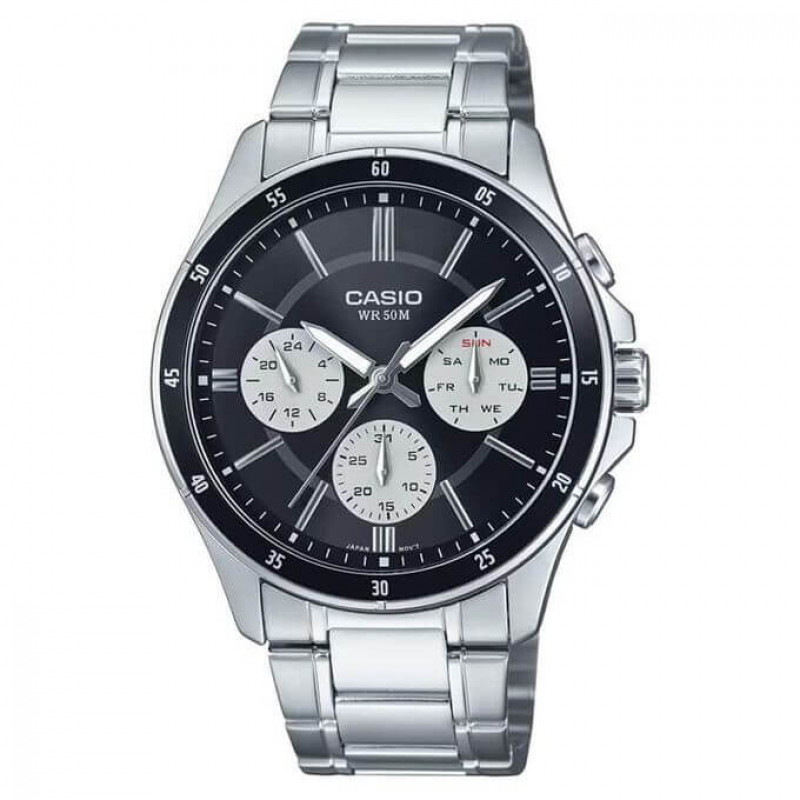 Casio – Fond noir avec 3 cadrans blancs – Étanche 50 m & tout en acier inoxydable – MTP-1374D-1A3V