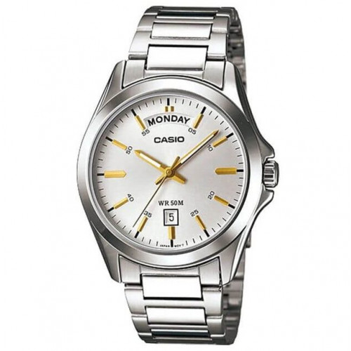Casio – Fond blanc avec index tirets en doré – des jours et des mois – Étanchéité de 50 mètres – MTP-1370D-7A2VDF Casio – Fond blanc avec index tirets en doré – des jours et des mois – Étanchéité de 50 mètres – MTP-1370D-7A2VDF