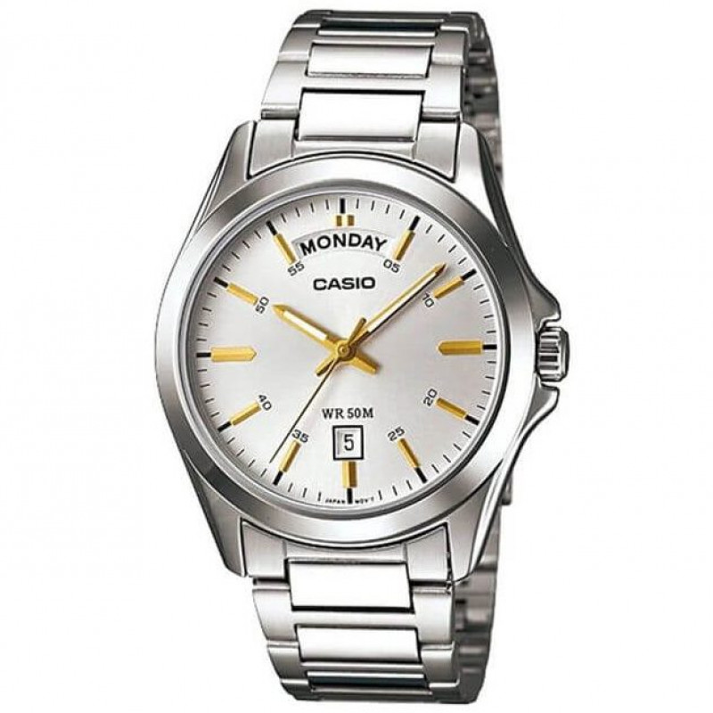 Casio – Fond blanc avec index tirets en doré – des jours et des mois – Étanchéité de 50 mètres – MTP-1370D-7A2VDF