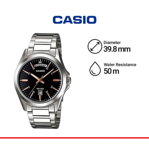 Casio – Fond noir avec index et tiret en bronze. Indicateur de date, jour/mois. Étanchéité de 50 mètres. – MTP-1370D-1A2 Casio – Fond noir avec index et tiret en bronze. Indicateur de date, jour/mois. Étanchéité de 50 mètres. – MTP-1370D-1A2