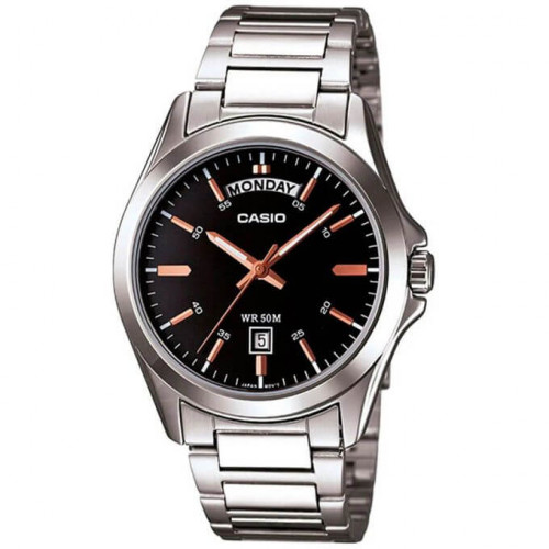 Casio – Fond noir avec index et tiret en bronze. Indicateur de date, jour/mois. Étanchéité de 50 mètres. – MTP-1370D-1A2 Casio – Fond noir avec index et tiret en bronze. Indicateur de date, jour/mois. Étanchéité de 50 mètres. – MTP-1370D-1A2