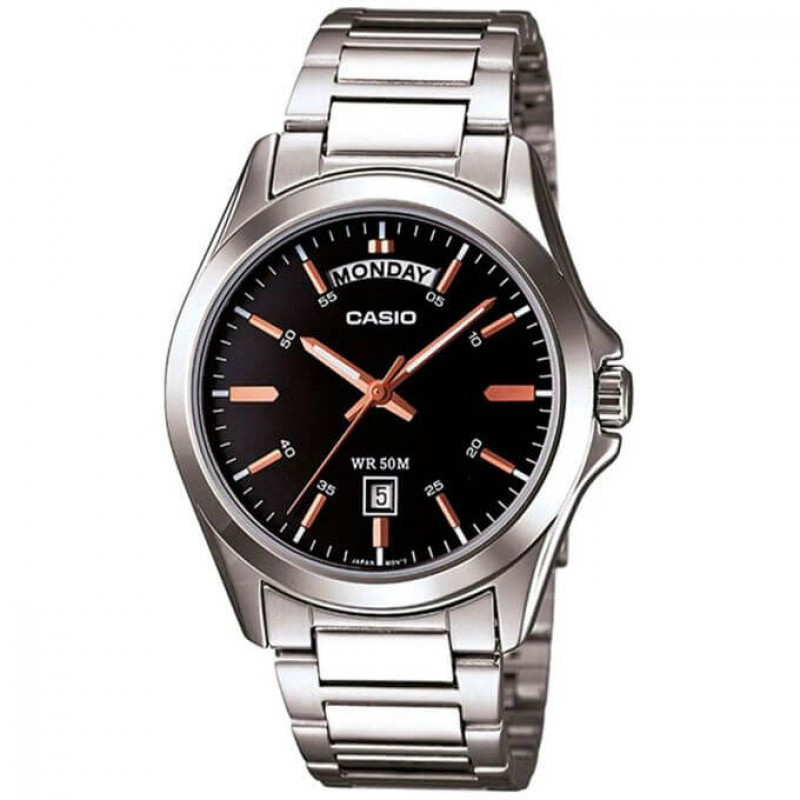 Casio – Fond noir avec index et tiret en bronze. Indicateur de date, jour/mois. Étanchéité de 50 mètres. – MTP-1370D-1A2