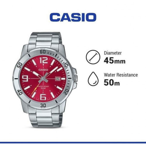 Casio – Fond rouge cramoisi avec dateur pour hommes – Tout en acier inoxydable – MTP-VD01D-4BV Casio – Fond rouge cramoisi avec dateur pour hommes – Tout en acier inoxydable – MTP-VD01D-4BV