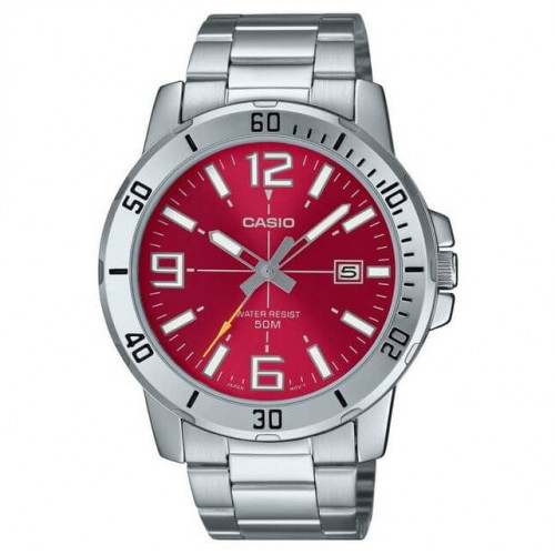 Casio – Fond rouge cramoisi avec dateur pour hommes – Tout en acier inoxydable – MTP-VD01D-4BV Casio – Fond rouge cramoisi avec dateur pour hommes – Tout en acier inoxydable – MTP-VD01D-4BV