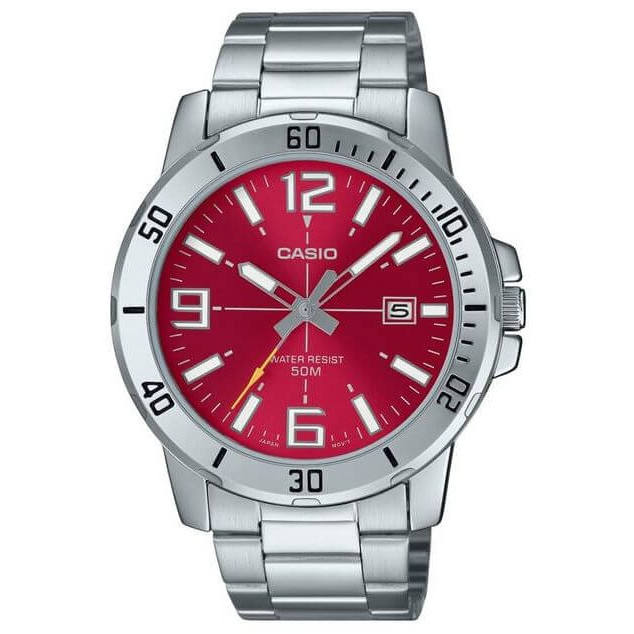 Casio – Fond rouge cramoisi avec dateur pour hommes – Tout en acier inoxydable – MTP-VD01D-4BV