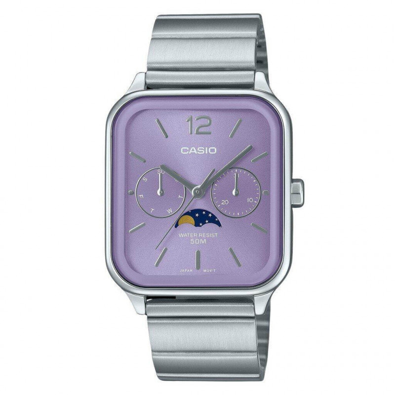 Casio – Phase de lune – très belle montre fond mauve – Tout en acier inoxydable – MTP-M305D-6AV
