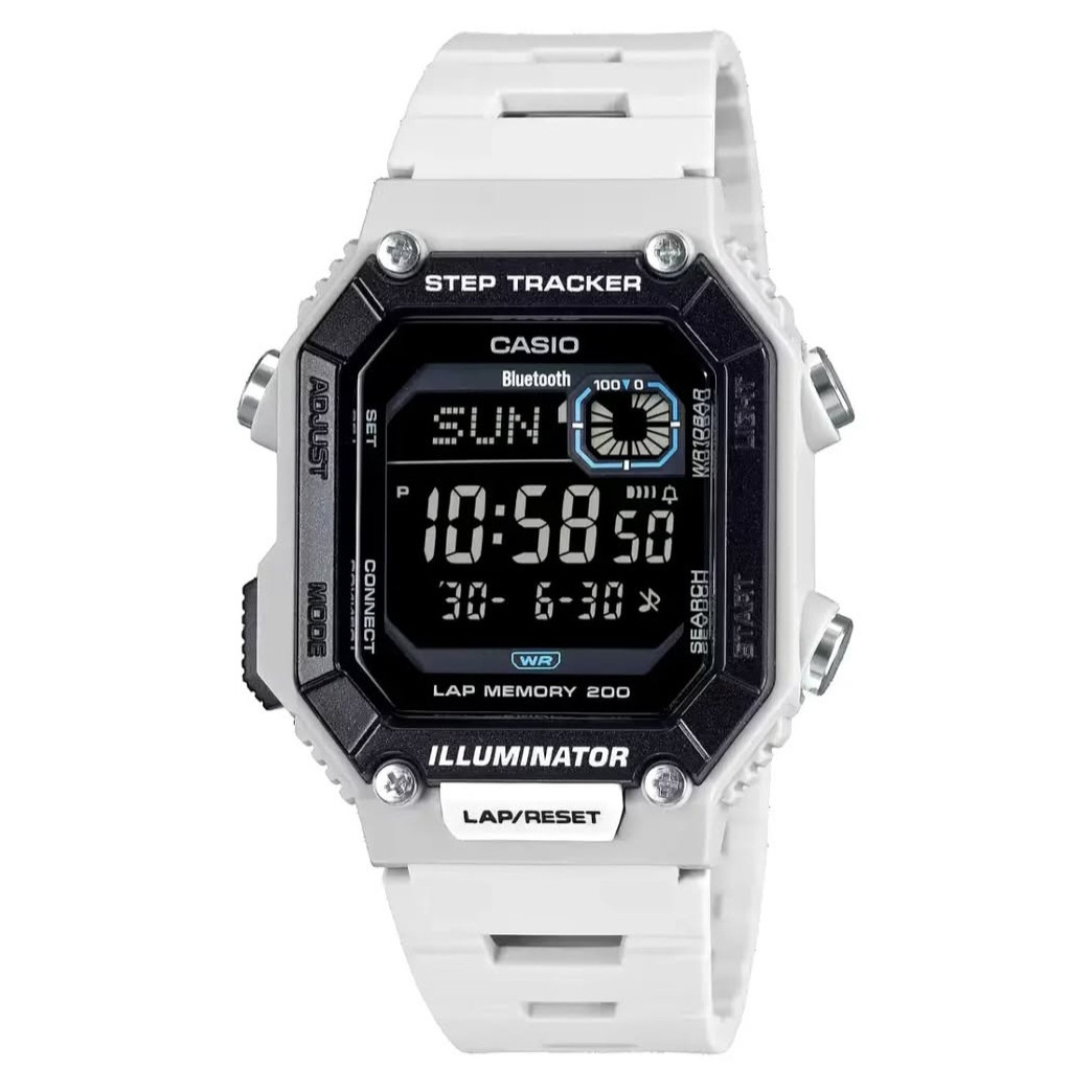 Casio – Montre digitale avec Bluetooth® pairing & affichage du nombre de pas effectués – Bracelet en résine blanc – WS-B1000-8BV