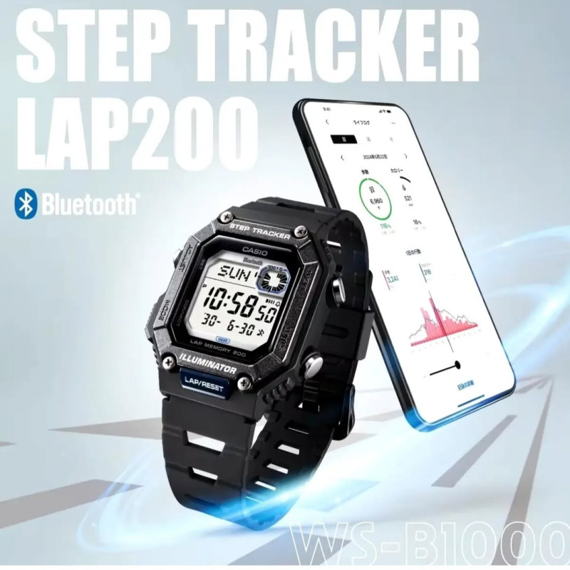 Casio – Montre digitale avec Bluetooth® pairing & affichage du nombre de pas effectués – Bracelet en résine blanc – WS-B1000-8BV