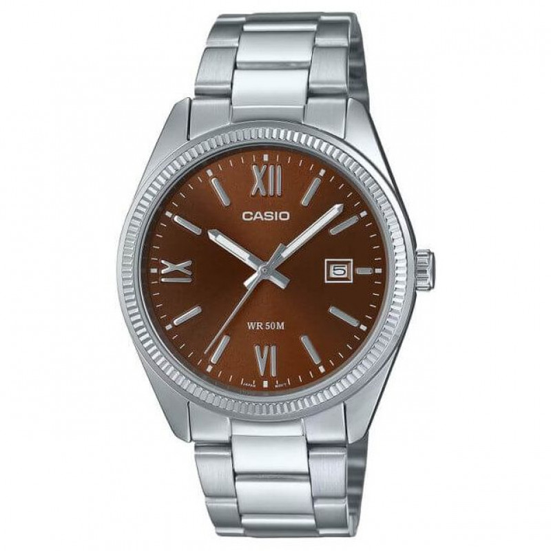 Casio – Montre classique pour hommes – Fond marron avec dateur – Étanche 50 m – MTP-1302DD-5AV