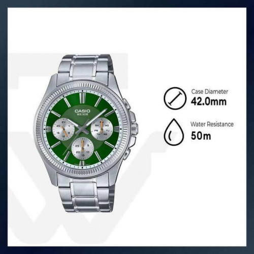 Casio – Fond vert et tout en acier inoxydable – Étanche 50 m – MTP-1375D-3AV Casio – Fond vert et tout en acier inoxydable – Étanche 50 m – MTP-1375D-3AV