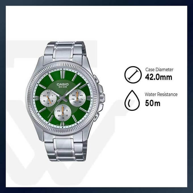 Casio – Fond vert et tout en acier inoxydable – Étanche 50 m – MTP-1375D-3AV