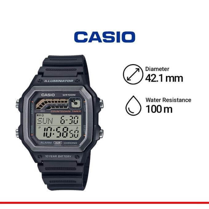 Casio – Autonomie batterie 10 ans – Résistance à l’eau jusqu’à 100 mètres, Chronographe – WS-1600H-8AV
