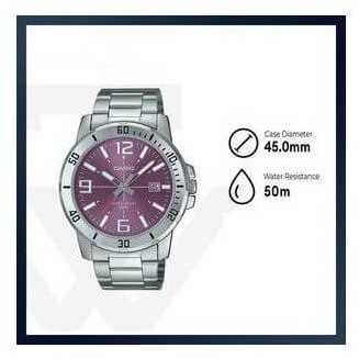 Casio – Argenté cadran mauve – Avec dateur & étanche 50 m – Tout en acier inoxydable – MTP-VD01D-6BVUDF