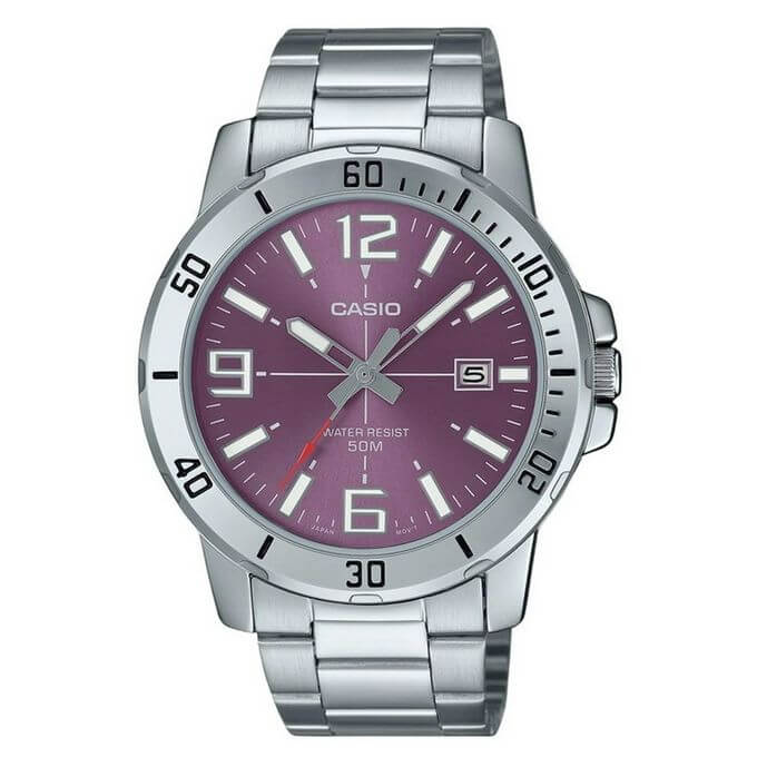 Casio – Argenté cadran mauve – Avec dateur & étanche 50 m – Tout en acier inoxydable – MTP-VD01D-6BVUDF