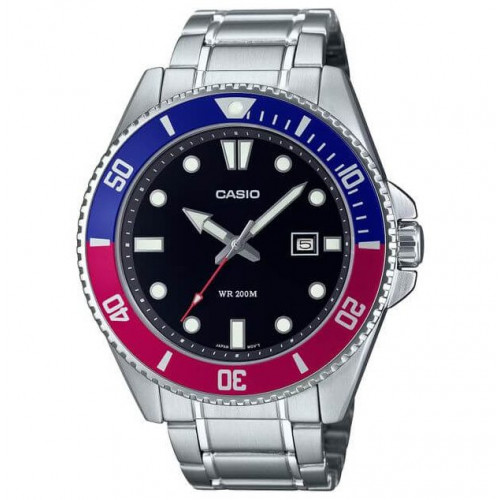Casio – Étanche 200 m – Sous-marine cadran noir & lunette rotative bleu/grenat – Dateur & tout en acier inoxydable – MDV-107D-1A3V Casio – Étanche 200 m – Sous-marine cadran noir & lunette rotative bleu/grenat – Dateur & tout en acier inoxydable – MDV-107D-1A3V