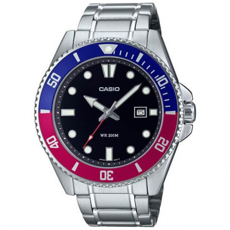 Casio – Étanche 200 m – Sous-marine cadran noir & lunette rotative bleu/grenat – Dateur & tout en acier inoxydable – MDV-107D-1A3V