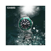 Casio – Montre pour hommes cadran noir & lunette rotative verte – Étanche 200 m – Dateur & tout en acier inoxydable – MDV-107D-3AV