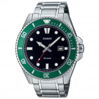 Casio – Montre pour hommes cadran noir & lunette rotative verte – Étanche 200 m – Dateur & tout en acier inoxydable – MDV-107D-3AV