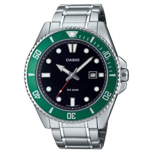 Casio – Montre pour hommes cadran noir & lunette rotative verte – Étanche 200 m – Dateur & tout en acier inoxydable – MDV-107D-3AV Casio – Montre pour hommes cadran noir & lunette rotative verte – Étanche 200 m – Dateur & tout en acier inoxydable – MDV-107D-3AV