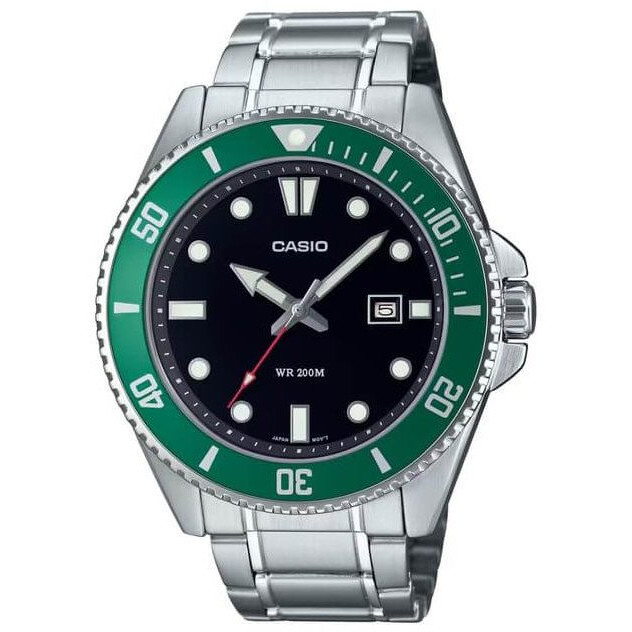 Casio – Montre pour hommes cadran noir & lunette rotative verte – Étanche 200 m – Dateur & tout en acier inoxydable – MDV-107D-3AV