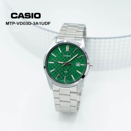 Casio – Argenté fond vert avec dateur – Bracelet en acier inoxydable – MTP-VD03D-3A1UDF Casio – Argenté fond vert avec dateur – Bracelet en acier inoxydable – MTP-VD03D-3A1UDF