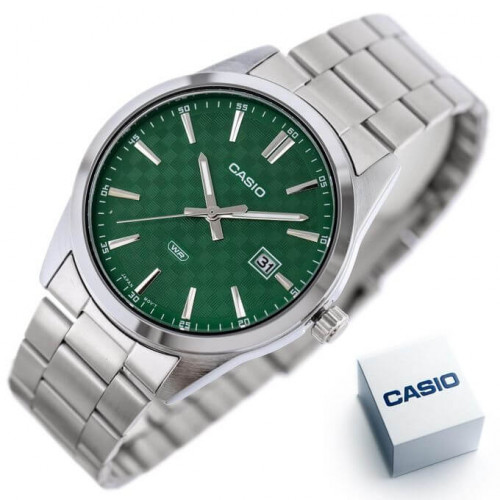 Casio – Argenté fond vert avec dateur – Bracelet en acier inoxydable – MTP-VD03D-3A1UDF Casio – Argenté fond vert avec dateur – Bracelet en acier inoxydable – MTP-VD03D-3A1UDF