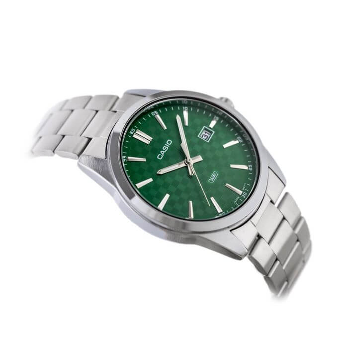 Casio – Argenté fond vert avec dateur – Bracelet en acier inoxydable – MTP-VD03D-3A1UDF