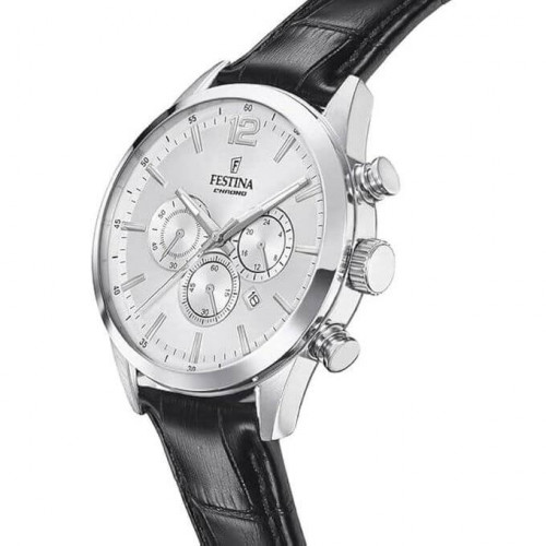 Festina – Chronographe pour hommes en fond blanc et bracelet cuir noir – Étanche 50 m – F20542/1 Festina – Chronographe pour hommes en fond blanc et bracelet cuir noir – Étanche 50 m – F20542/1