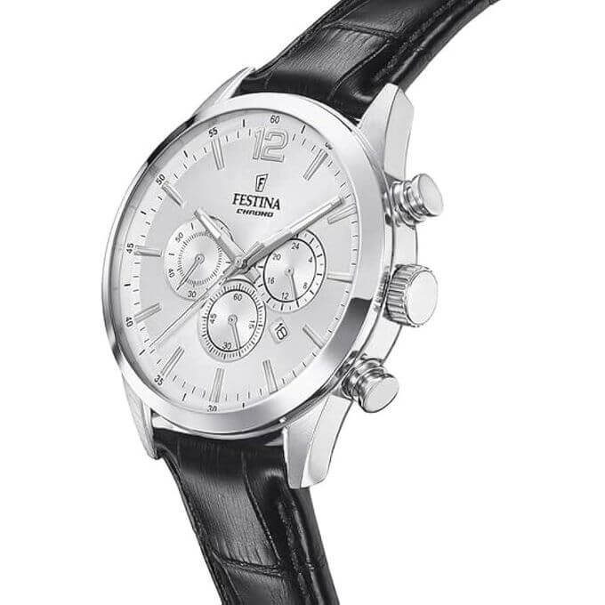 Festina – Chronographe pour hommes en fond blanc et bracelet cuir noir – Étanche 50 m – F20542/1