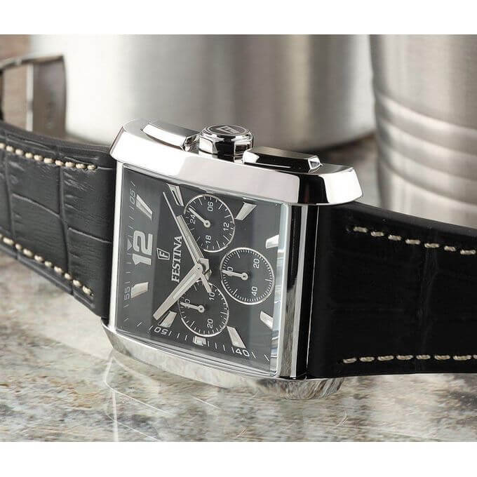 Festina – Modèle carré noir pour hommes – Bracelet cuir noir – Chronographe – F20636/4