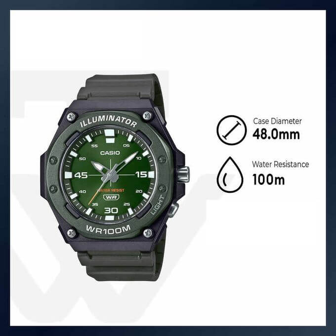 Casio – Cadran vert, Montre étanche 10 BAR avec bouton LED Light, Bracelet résine vert – MW-620H-3AV
