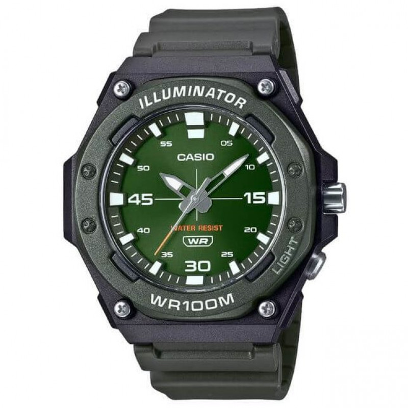 Casio – Cadran vert, Montre étanche 10 BAR avec bouton LED Light, Bracelet résine vert – MW-620H-3AV