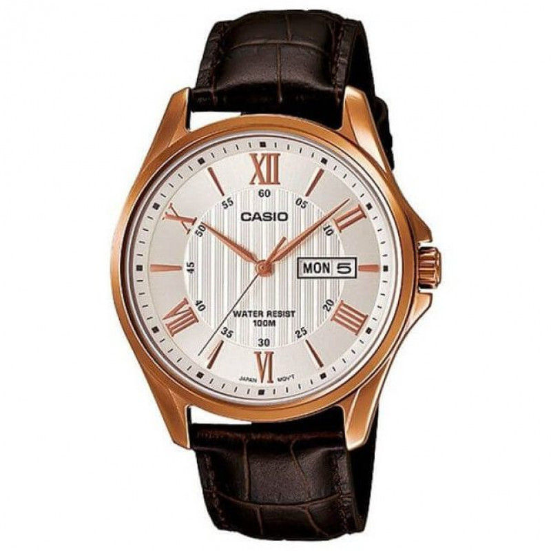 Casio – Bronze cadran blanc – Bracelet cuir marron – Avec dateur – MTP-1384L-7AVDF