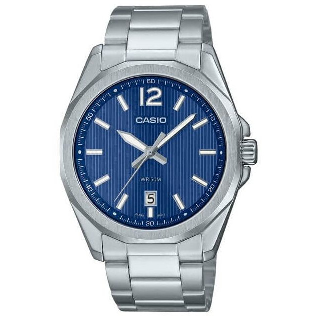 Casio – Cadran bleu & Dotée des motifs rayés & dateur sur 6h – Acier inoxydable – MTP-E725D-2AV