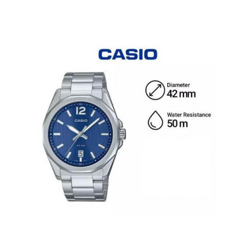 Casio – Cadran bleu & Dotée des motifs rayés & dateur sur 6h – Acier inoxydable – MTP-E725D-2AV Casio – Cadran bleu & Dotée des motifs rayés & dateur sur 6h – Acier inoxydable – MTP-E725D-2AV