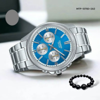 Casio – Montre pour homme, cadran turquoise avec date. Acier inoxydable – MTP-1375D-2A2V