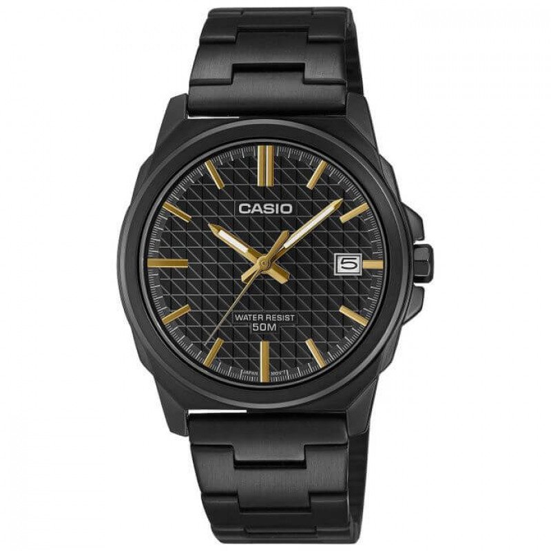 Casio – Cadran noir avec index doré – Affichage date sur 3h – Étanche 50 m – MTP-E720B-1AV