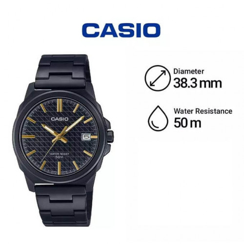 Casio – Cadran noir avec index doré – Affichage date sur 3h – Étanche 50 m – MTP-E720B-1AV Casio – Cadran noir avec index doré – Affichage date sur 3h – Étanche 50 m – MTP-E720B-1AV