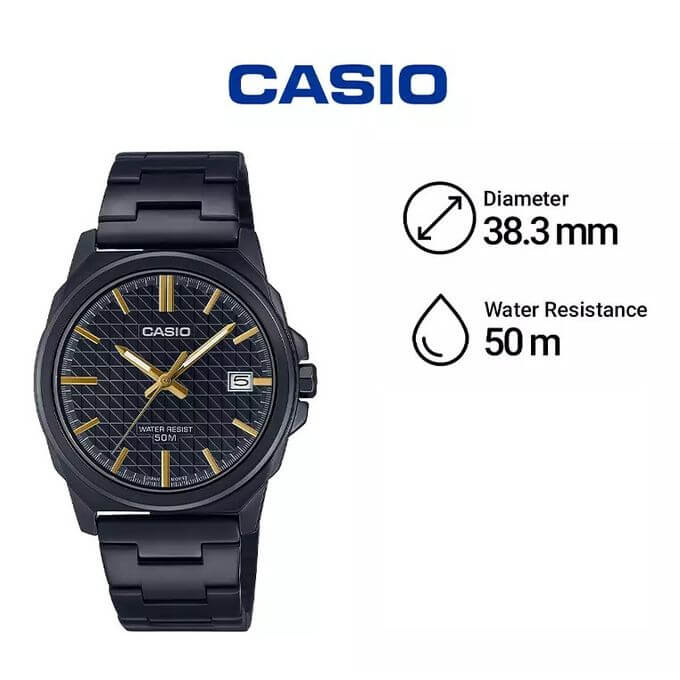 Casio – Cadran noir avec index doré – Affichage date sur 3h – Étanche 50 m – MTP-E720B-1AV