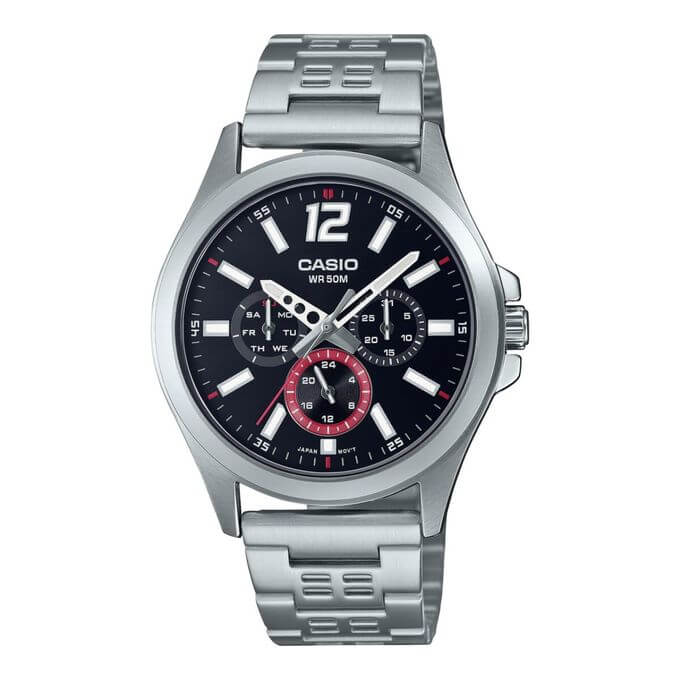 Casio – Cadran 40 mm en fond noir et avec dateur – Tout en acier inoxydable – MTP-E350D-1BV