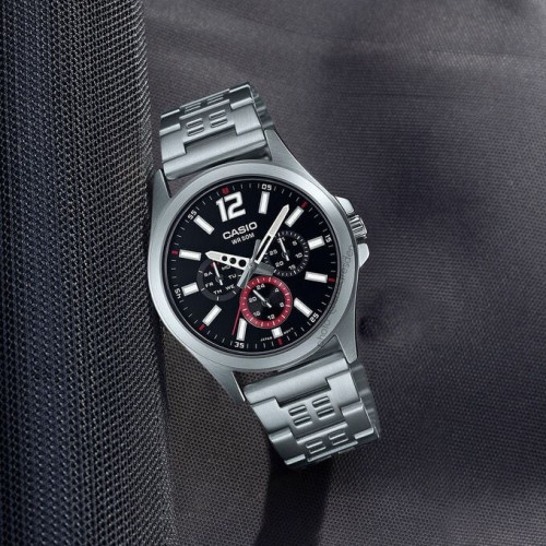 Casio – Cadran 40 mm en fond noir et avec dateur – Tout en acier inoxydable – MTP-E350D-1BV Casio – Cadran 40 mm en fond noir et avec dateur – Tout en acier inoxydable – MTP-E350D-1BV