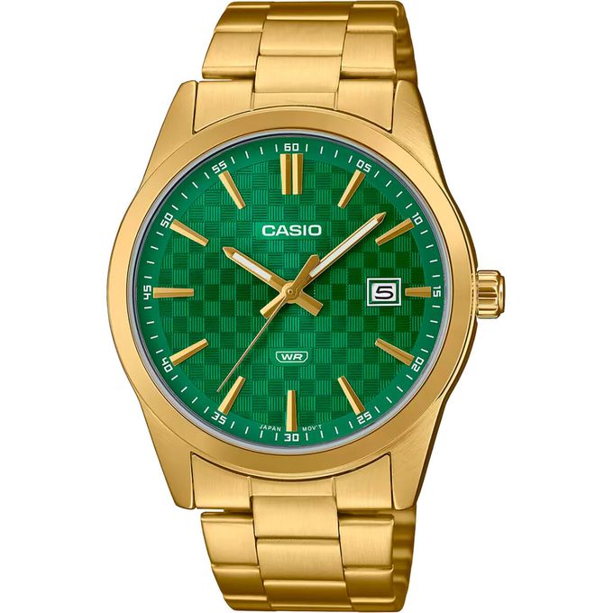 Casio – Fond vert pour hommes – Doré et tout en acier inoxydable – Dateur sur 3h – MTP-VD03G-3A