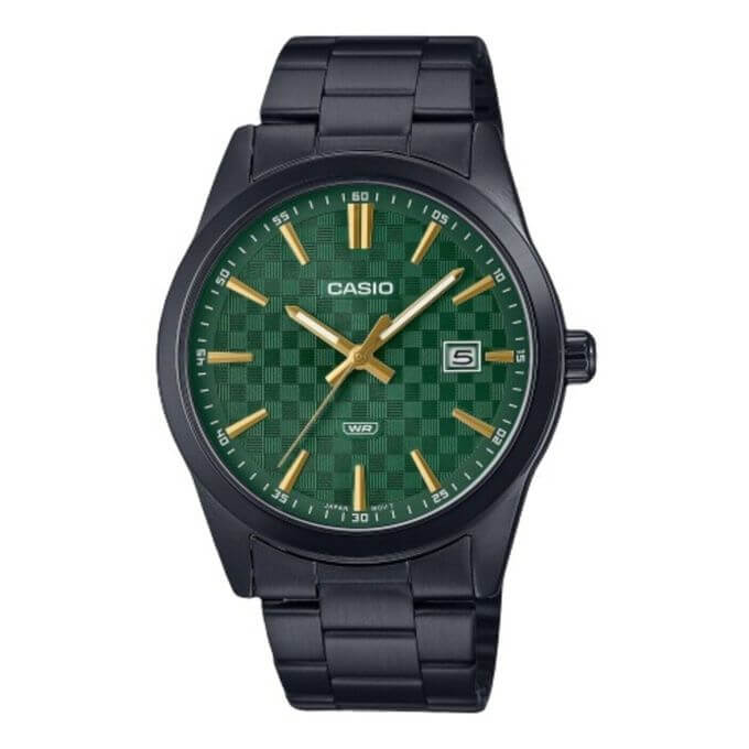 Casio – Montre pour homme en acier noir & cadran vert – Dateur – Étanche – MTP-VD03B-3A